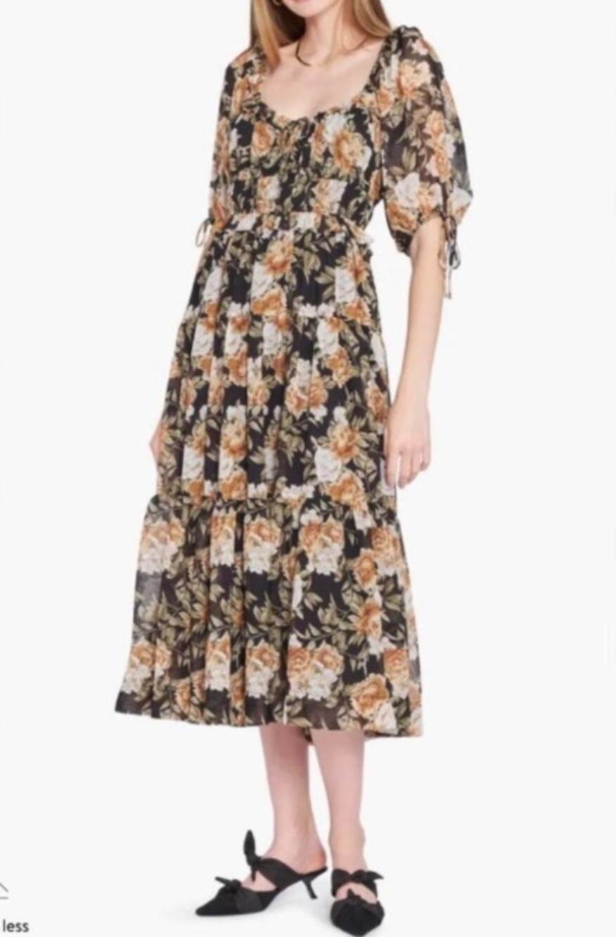 En Saison Floral Print Tiered Midi Dress Small Smocked Waist Cottagecore